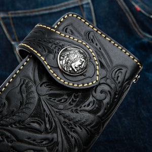 Black Western Floral Indian Head Leather Wallet, indian head concho detail