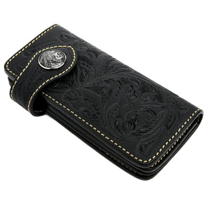 Black Western Floral Indian Head Leather Wallet, long wallet front angle