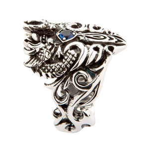 Bague en argent sterling avec dragons celtiques, épée et pierre bleue, profil latéral de la bague