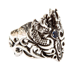 Bague en argent sterling avec dragons celtiques, épée et pierre bleue, bague de trois-quarts gauche