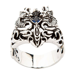 Bague en argent sterling avec dragons celtiques, épée et pierre bleue, bague de trois-quarts droit
