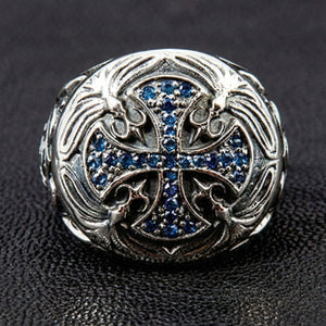 Blue CZ Medieval Cross Sterling Silver Ring, blue cross front