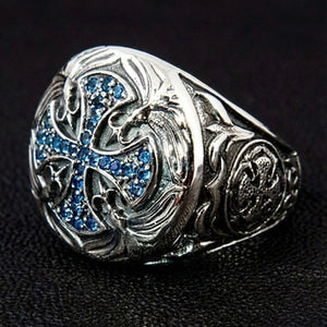 Blue CZ Medieval Cross Sterling Silver Ring, cross side angle
