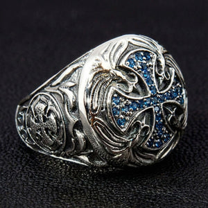 Blue CZ Medieval Cross Sterling Silver Ring, medieval shoulder