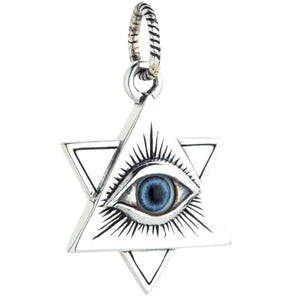 Blue Eye of Providence Sterling Silver Pendant showing the blue eye and textured bail at a slight angle.