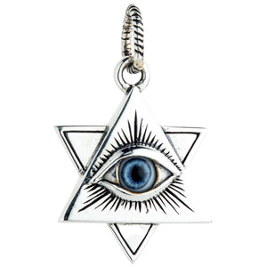 Blue Eye of Providence Sterling Silver Pendant showing blue acrylic eye, engraved rays and open six-point star.