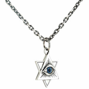 Blue Eye of Providence Sterling Silver Pendant showing the layered triangle and star viewed from the side on a styling chain.