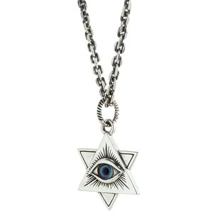 Blue Eye of Providence Sterling Silver Pendant showing the triangular eye face and star hanging from a styling chain.