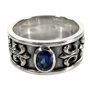 Blue Sapphire CZ Fleur-de-Lis Sterling Silver Band Ring, blue cz fleur de lis ring front