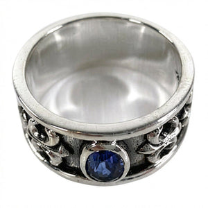 Blue Sapphire CZ Fleur-de-Lis Sterling Silver Band Ring, blue cz top view