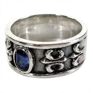 Blue Sapphire CZ Fleur-de-Lis Sterling Silver Band Ring, ring oxidized three quarter view