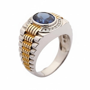 Blue Stone Silver and Gold Watch Band Ring, raised stone side