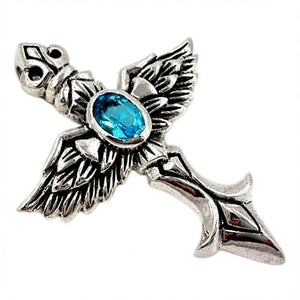 Geflügelter Kreuzanhänger aus .925 Sterlingsilber mit blauem Stein, blauer Stein Seitenansicht