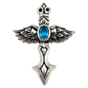 Geflügelter Kreuzanhänger aus .925 Sterlingsilber mit blauem Stein, geflügeltes Kreuz mit blauem Stein Vorderseite