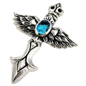 Geflügelter Kreuzanhänger aus .925 Sterlingsilber mit blauem Stein, gefiederter Flügel Schrägansicht