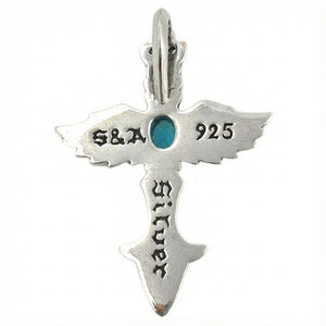 Geflügelter Kreuzanhänger aus .925 Sterlingsilber mit blauem Stein, Feingehaltsstempel Rückseite