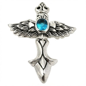 Geflügelter Kreuzanhänger aus .925 Sterlingsilber mit blauem Stein, isoliertes Kreuz Vorderseite