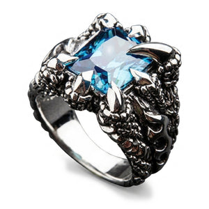 Blue Topaz Eagle Claw Sterling Silver Ring, flame carved left shank