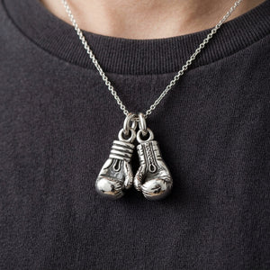 Boxing Gloves Sterling Silver Pendant, worn at the neckline
