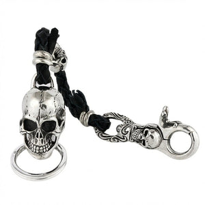 Braided Leather Skull Sterling Silver Keychain, angled front