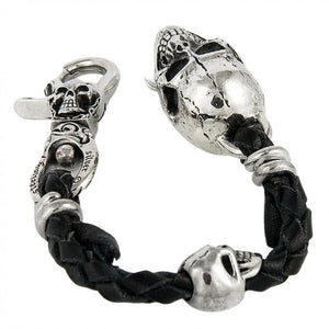 Braided Leather Skull Sterling Silver Keychain, back view