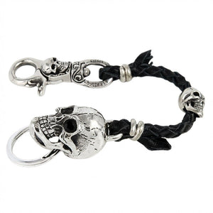 Braided Leather Skull Sterling Silver Keychain, full curved front