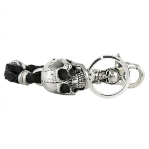 Braided Leather Skull Sterling Silver Keychain, top view