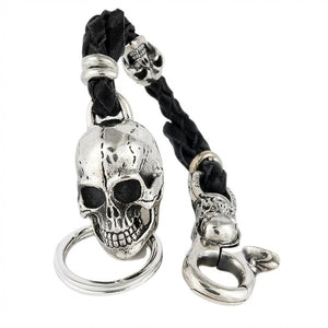 Braided Leather Skull Sterling Silver Keychain, upright front
