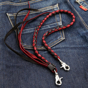 Red and black braided leather wallet chain — black clasp detail
