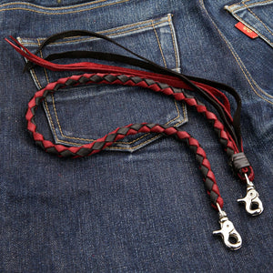 Red and black braided leather wallet chain — braid detail