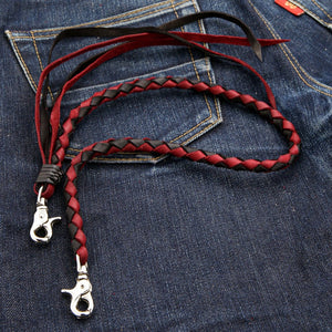 Red and black braided leather wallet chain — full length view