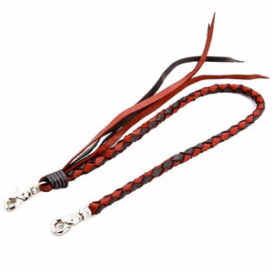 Red and black braided leather wallet chain — hardware view