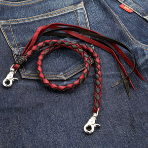 Red and black braided leather wallet chain — red clasp detail