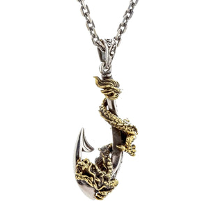 Pendentif dragon en laiton et hameçon en argent sterling, angle de l'hameçon dragon