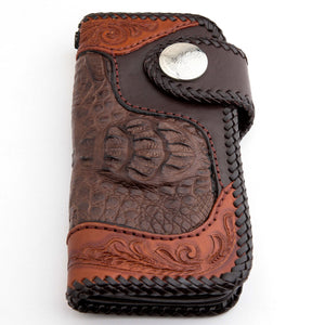 Upright front of the crocodile wallet with the round concho above the raised scale cluster.