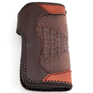 Upright rear view of the wallet showing the crocodile ridge and braided edges.