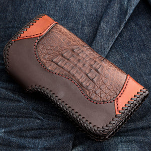 Back of the wallet showing a long crocodile ridge panel and dark braided edging.