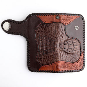 Wallet unfolded to show the full crocodile exterior and open snap strap.