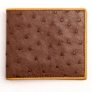 Brown Quill Ostrich Bifold with Tan Edging showing brown quill front within tan piping.