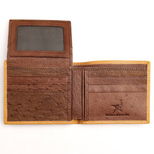 Brown Quill Ostrich Bifold with Tan Edging showing the interior ID flap raised above the card rows.