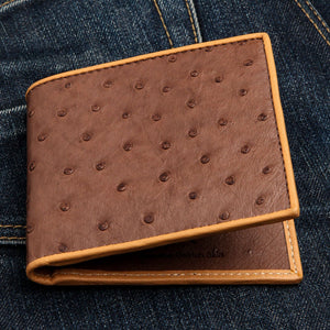 Brown Quill Ostrich Bifold with Tan Edging showing brown quill front with tan piping above the open fold.