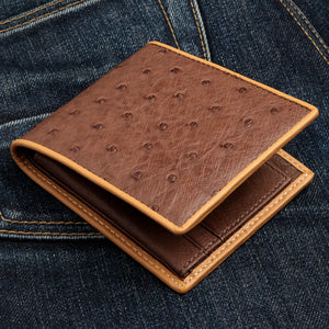 Brown Quill Ostrich Bifold with Tan Edging showing the brown quill rear panel viewed diagonally.