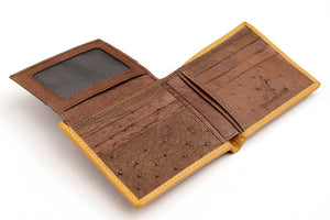 Brown Quill Ostrich Bifold with Tan Edging showing the open ID window and card layout at an angle.