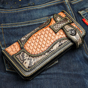 Brown Woven Leather Snakeskin Biker Wallet, front denim