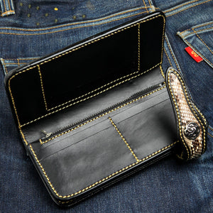 Brown Woven Leather Snakeskin Biker Wallet, interior denim