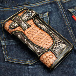 Brown Woven Leather Snakeskin Biker Wallet, opposite front denim