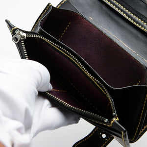 Brown Woven Leather Snakeskin Biker Wallet, zip compartment demonstration