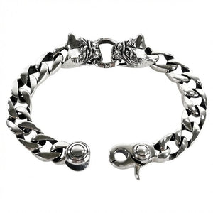 Bulldog Head Sterling Silver Cuban-Link Bracelet, bulldog bracelet open