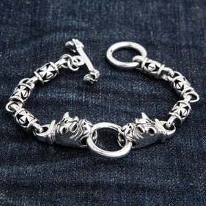Bulldog Iron Cross Sterling Silver Bracelet, iron cross and bulldog flat lay