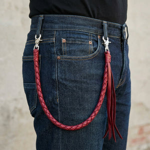 Burgundy Braided Leather Wallet Chain, clipped to jeans